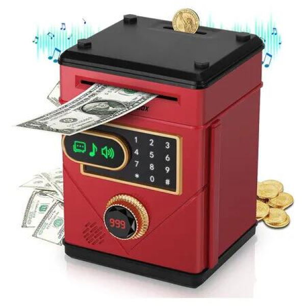 Electronic Piggy Bank for Kids, Money Saving Box for Boys Girls Touch Screen Coin Bank ATM Piggy Bank Toys for Kids Ages 5-13 Money Box,Rose Red