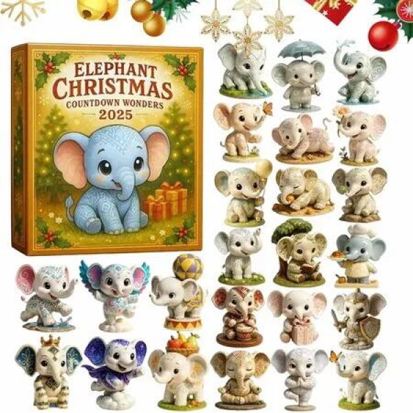 Elephant Advent Calendars 2025, 24 Day Christmas Countdown Calendar With 2D Acrylic Elephant Pendants For Christmas Tree Decorations
