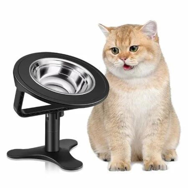 Elevated Cat Bowls with Adjustable Stand,15 Degree Tilted Stainless Steel Non-Slip Feeder for Indoor Cats (Black)