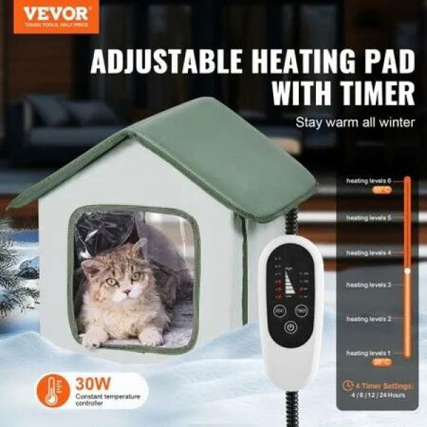 Elevated Heated Cat House Outdoor Kitty Shelter with Heated Pad Green (S)