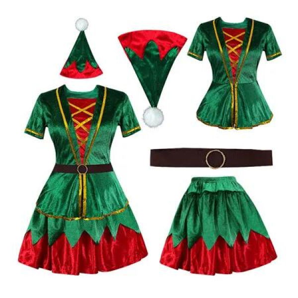 Elf Costume for Women 4 Pcs Christmas Green Elf Dress Outfit Xmas Fancy Holiday Party Cosplay Suit (Size:M)