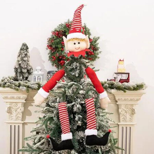 Elf Leg Christmas Tree Topper with Red And Green Hats Hanging Decor for Holiday Indoor Outdoor Decoration