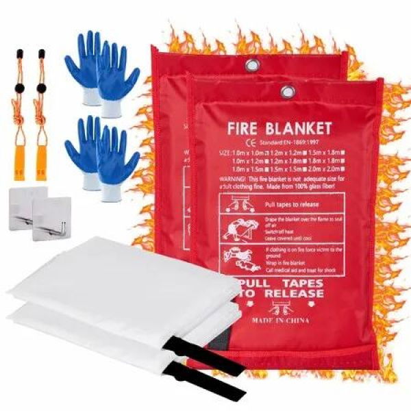 Emergency 1MX 1M Fiberglass Fire BlanketX2 Fire Suppression Blanket for Kitchen with Hooks Gloves