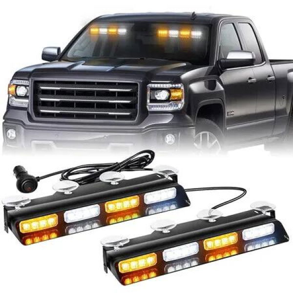 Emergency Dash Strobe Lights, Safety Flashing Warning Hazard Interior Light Bar for Construction Vehicles Trucks 36 x 3 cm, Amber White