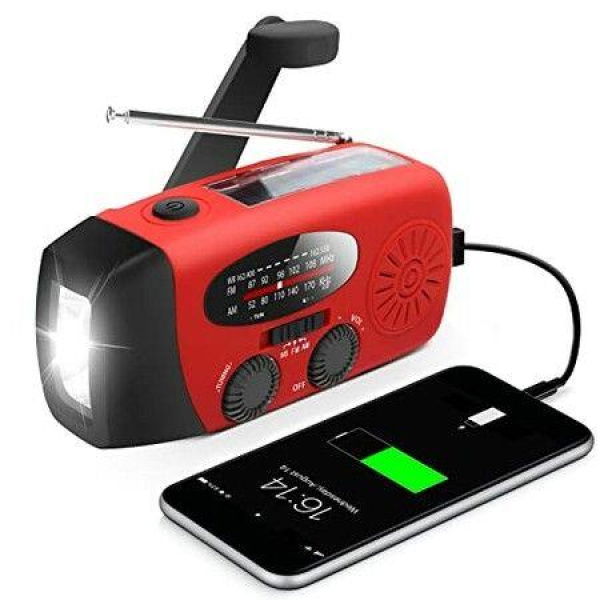 Emergency Hand Crank Radio with LED Flashlight 2000mAh AMFM Portable Weather Power Bank Phone Charger, USB Charged & Solar CampingRed