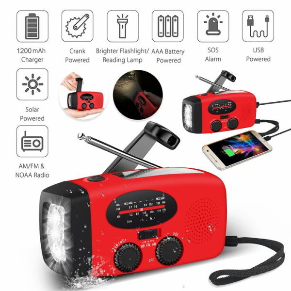 Emergency Hand Crank Radio With LED Flashlight And 2000mAh Power Bank Phone Charger USB Charged And Solar Power For Camping