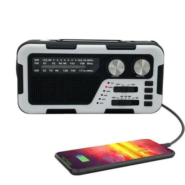 Emergency Hand Crank Radio with LED Flashlight, Portable Weather Radio with Solar Powered Rechargeable Radio for Survival Camping, SOS Alarm, White