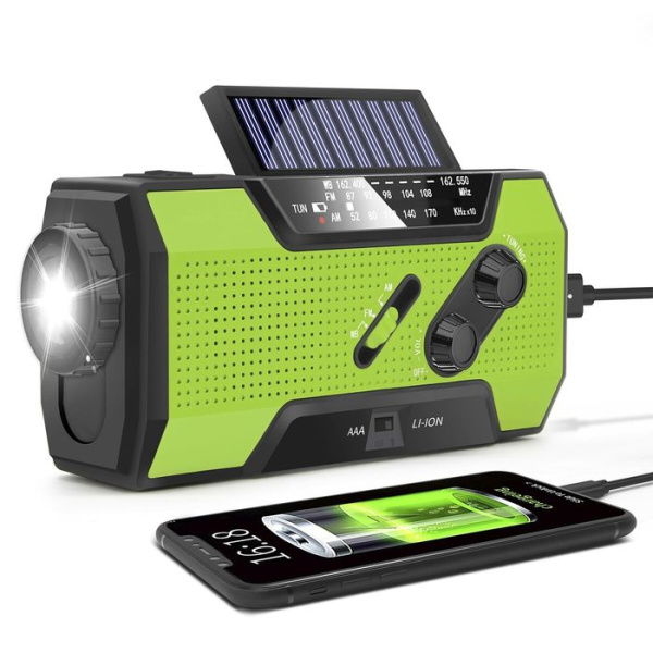 Emergency Hand Crank Weather Radio AM/FM/NOAA Portable Solar With SOS Alarm LED Flashlight & Reading Lamp - Green.