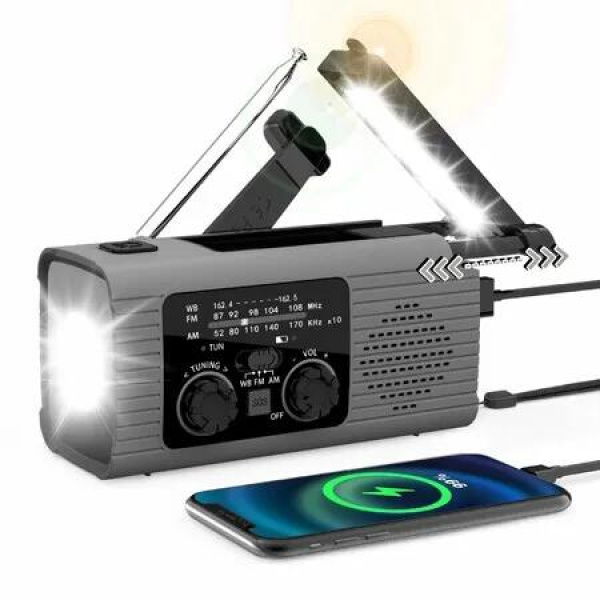 Emergency Radio 4000mAh Solar Hand Crank AM FM NOAA Weather Portable LED Flashlight Reading Lamp SOS Alarm Headphone Jack Indoor Outdoor Grey Survival