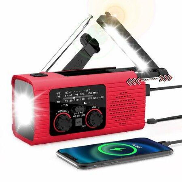 Emergency Radio 4000mAh Solar Hand Crank AM/FM/NOAA Portable Weather Radio,LED Flashlight,Reading Lamp,SOS Alarm,Headphone Jack (Red)