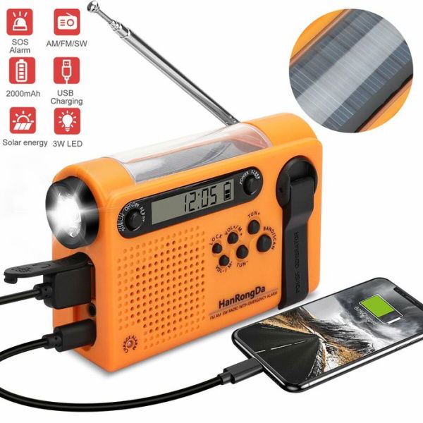 Emergency Solar Hand Crank Radio Weather Radio With AM/FM LED Flashlight Reading Lamp 2000mAh Power Bank And SOS Alarm - Long Antenna