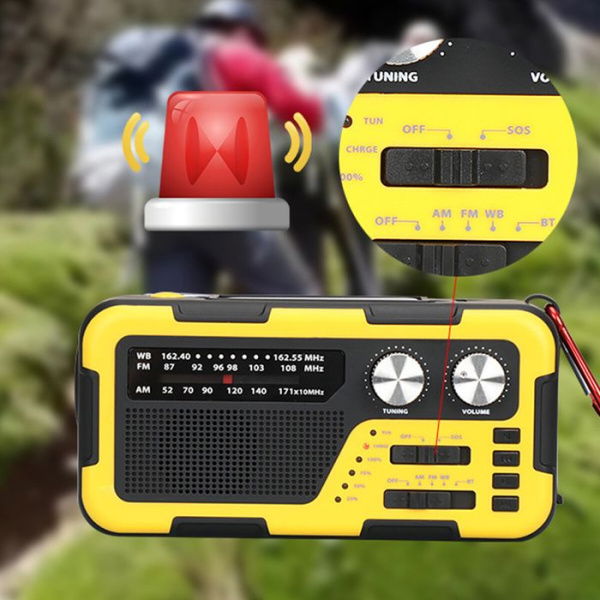 Emergency Solar Hand Crank Weather Radio AM/FM Radio Waterproof 2000mAh Power Bank Bluetooth Speaker LED Flashlight Phone Charger.