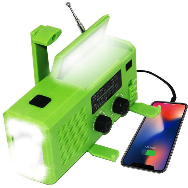 Emergency Solar Power Hand Crank Dynamo Wind Up 4000mAh Phone Charger Bank SOS AM/FM/NOAA Weather Pocket Flashlight Radio Color: Green.