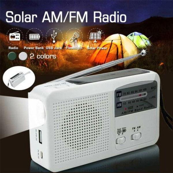 Emergency Solar Powered Hand-cranked Radio LED Flashlights Siren FM/AM Weather Radio With Rechargeable USB Phone Charger For Outdoor Camping (White)