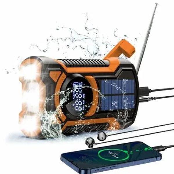 Emergency Weather Radio Waterproof Bluetooth Portable AM/FM/NOAA Weather Radio 5000mAh USB Hand Crank Solar Radio Flashlight SOS-Orange