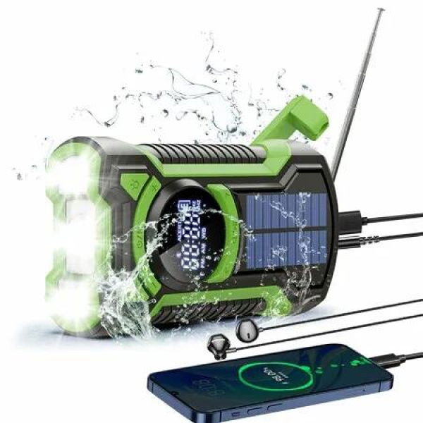 Emergency Weather Radio,Waterproof Bluetooth Portable AM/FM/NOAA Weather Radio,5000mAh USB Hand Crank Solar Radio,Phone Charger,Flashlight,SOS (Green)