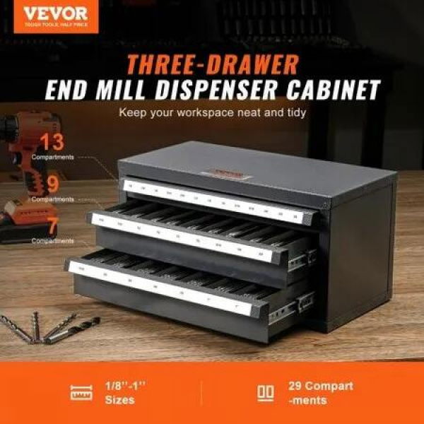 End Mill Dispenser Cabinet Three-Drawer End Mill Organizer Cabinet for 1/8' to 1' Steel End Mill Dispenser Organizer Cabinet with Labels 29-Compartment