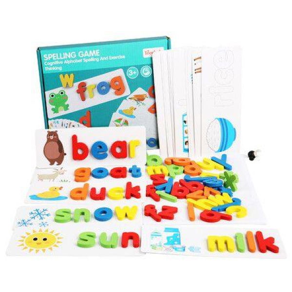 English Spelling Learning Toy Wooden ABC Alphabet Flash Cards Matching Shape Letter Games Montessori Preschool STEM Educational Toys for Toddler Kids