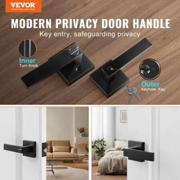 Entry Lever Door Handle, 1 PC Black Entry Knob, Lock and Key Locking Lever Set, Contemporary Square Door Lever, Reversible for Right and Left Sided Doors, 45Â° Rotation to Open, for Front Door