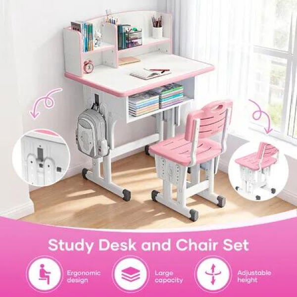 Ergonomic Study Desk and Chair Set Kids Childrens Writing Table Seat Height Adjustable Home School Students Bookshelf Open Storage Drawer Side Hook