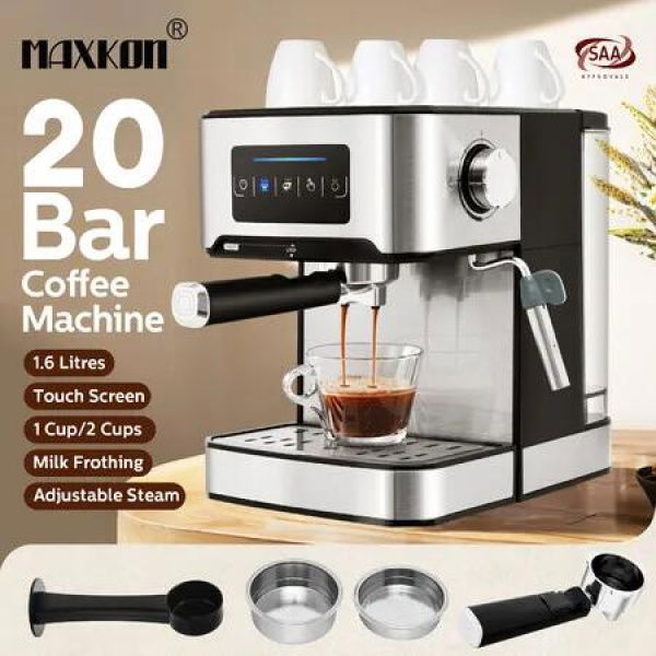 Espresso Coffee Machine 20 Bar 1.6L Portable Stainless Steel Latte Cappuccino Maker Home Office Cafe Milk Frother with Steam Wander Preheating Maxkon