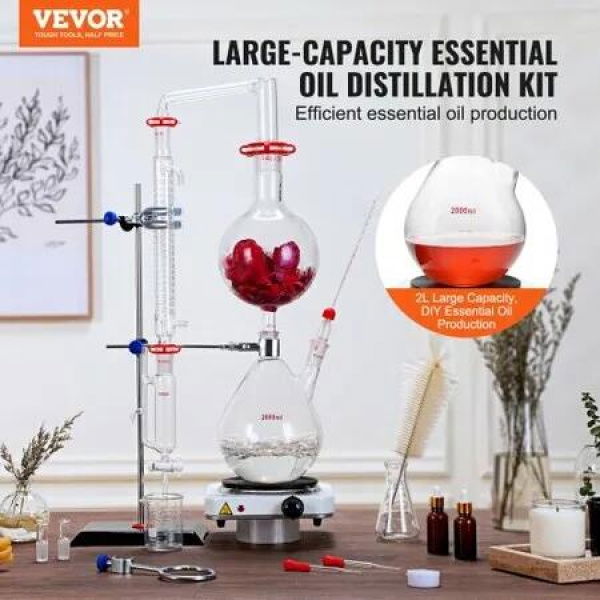 Essential Oil Distillation Kit 2000ml Distillation Apparatus 3.3 Boro Lab Glassware Distillation Kit with 1000W Heating Plate and 24 40 Joint 28 pcs Set