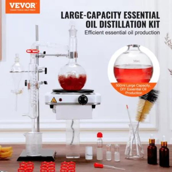 Essential Oil Distillation Kit 500ml Distillation Apparatus 3.3 Boro Lab Glassware Distillation Kit with 1000W Heating Plate and 24 40 Joint 33 pcs Set