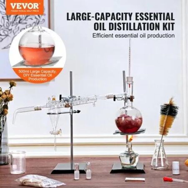 Essential Oil Distillation Kit 500ml Distillation Apparatus 3.3 Boro Lab Glassware Distillation Kit with Alcohol Lamp Ceramic Mesh & 24 40 Joint 28 pcs Set