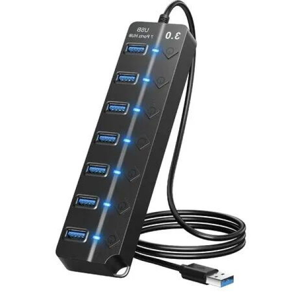 Expand Your Connectivity - 7-Port USB Hub with Individual Controls and Long Cable