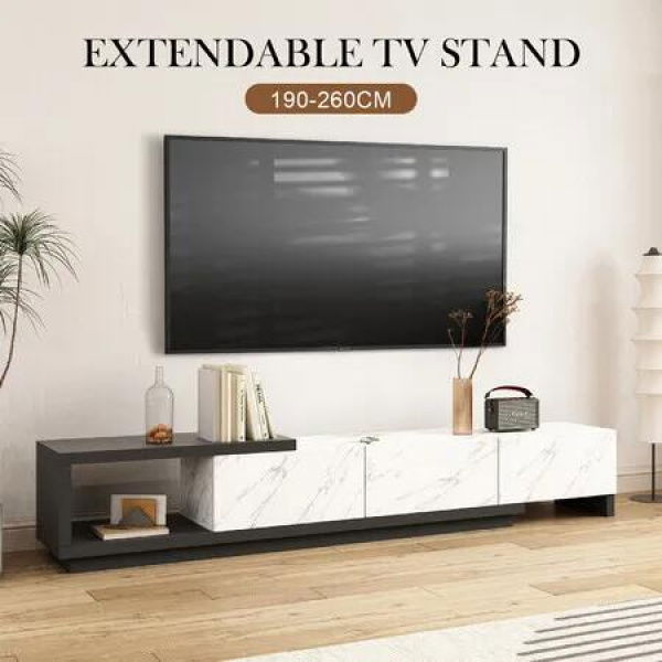 Extendable TV Unit Cabinet Wooden Console Table Entertainment Centre Television Storage Stand Bench 3 Drawers 190cm to 260cm