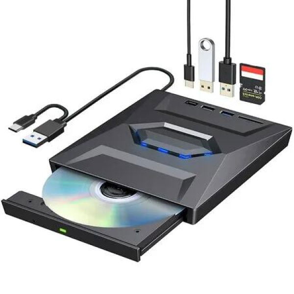 External CD Burner DVD +/-RW Drive with SD Card Reader and USB 3.0+2.0/Type-C Input Ports - Versatile CD-ROM DVD Player Optical Drive for Laptops,PCs,Macs