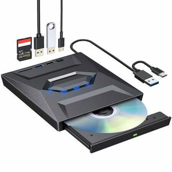 External CD DVD +/-RW Drive,CD Burner with SD Card Reader and USB 3.0+2.0+Type-C Input Ports,Portable CD-ROM DVD Player Optical Disk Drive