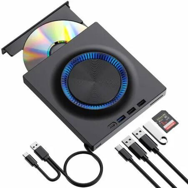 External CD DVD Drive USB 3.0 USB-C Hub SD Card Slot Portable CD DVD ROM RW Disk Player Burner Reader Writer for Laptop Mac PC Windows Linux