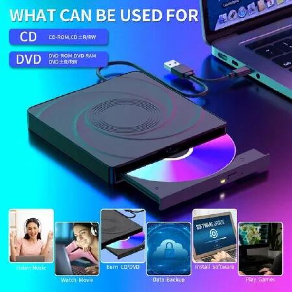 External USB 3.0 & Type-C CD/DVD Drive with Mute Burner,Portable CD DVD +/-RW Drive Optical Drive Players Readers for Laptops and Desktops