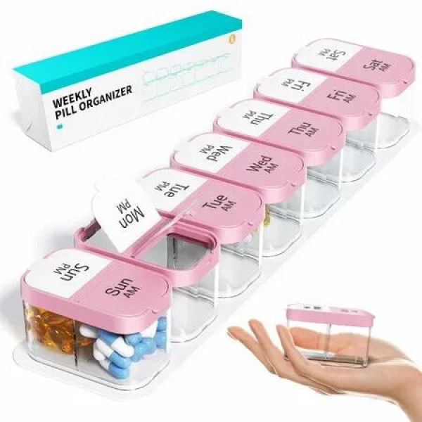 Extra Large Weekly Pill Organizer - XL Pill Box with 7 Detachable AM PM Compartments Portable Medicine Dispenser for Home and Travel(Pink)