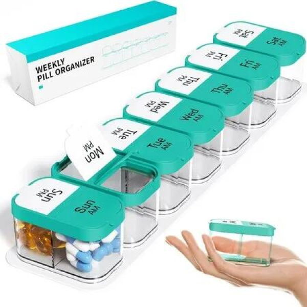 Extra Large Weekly Pill Organizer XL Pill Box with 7 Detachable AM PM Compartments Portable Medicine Dispenser for Home and Travel(Cyan)