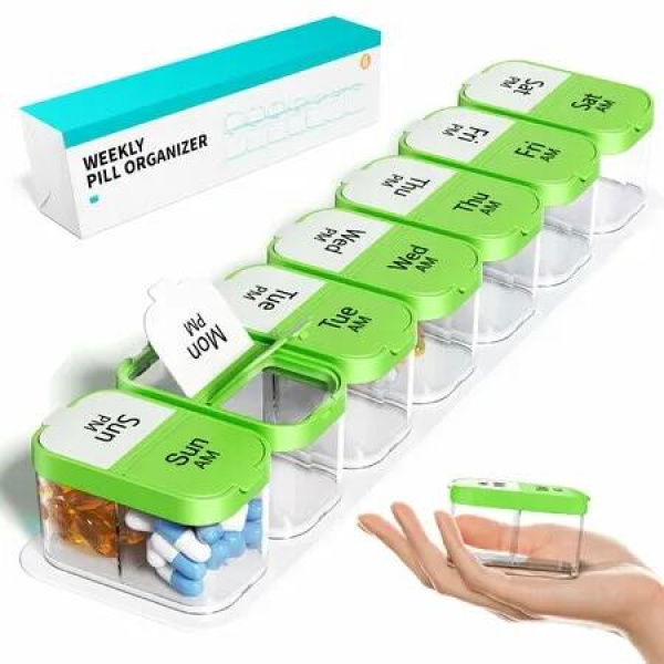 Extra Large Weekly Pill Organizer XL Pill Box with 7 Detachable AM PM Compartments Portable Medicine Dispenser for Home and Travel(Green)