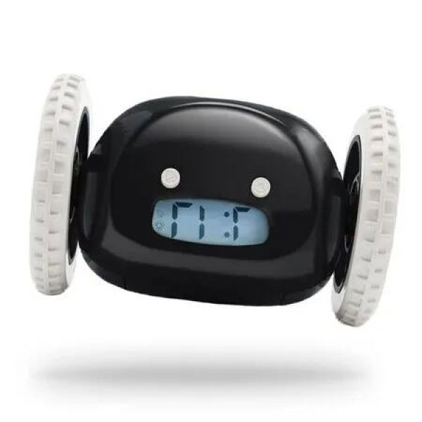 Extra Loud Run-Away Alarm Clock on Wheels for Heavy Sleepers, with Funny Rolling and Jumping Action (Black)