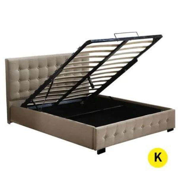 Fabric Bed Frame King Tufted Beige