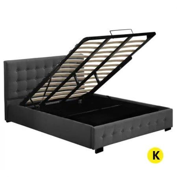 Fabric Bed Frame King Tufted Dark Grey