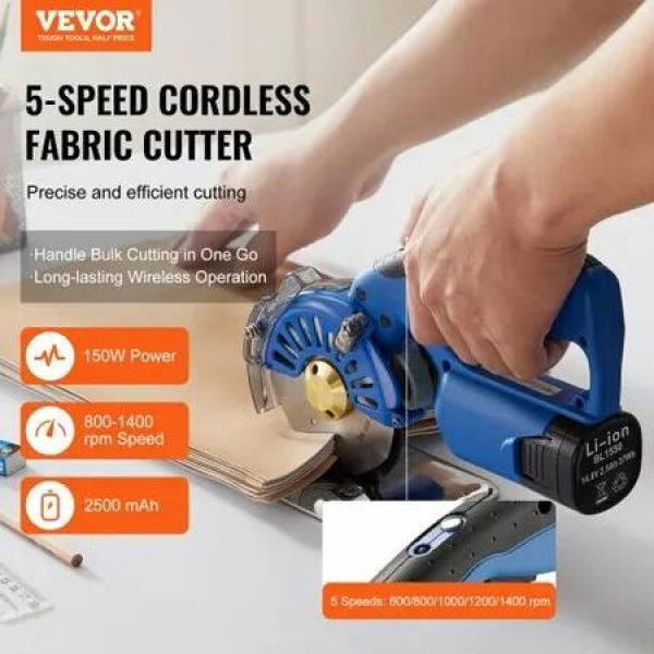 Fabric Cutter, 5-Speed Cordless Electric Rotary Fabric Cutting Machine, 1.1' Cutting Thickness, Octagonal Knife, with Replacement Blade and Battery Charger, for Multi-Layer Cloth Fabric Leather