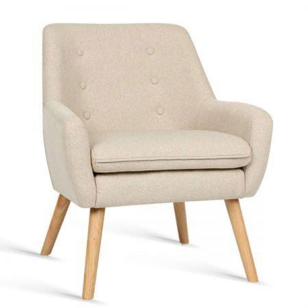 Fabric Dining Armchair With Wood Legs - Beige