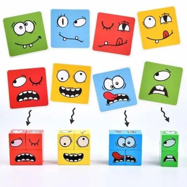 Face Changing Cube Wooden Puzzle Magic Expression Building Blocks Educational Toy Board Game Christmas Birthday Gift Pattern Matching