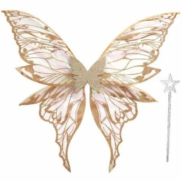 Fairy Wings for Women 80x75cm Fairy Costume Set Large Butterfly Wings for Halloween Party,Gold