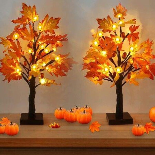 Fall Maple Tree With 48 LEDs Battery Operated Light-Up Artificial Pumpkins Maple Acorn Tree For Fall Thanksgiving Table Harvest Home Indoor Decoration (2 Pack)