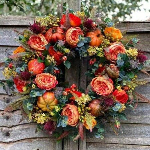 Fall Peony And Pumpkin Wreath - Artificial Fall Wreath For Home Farmhouse Decor And Festival