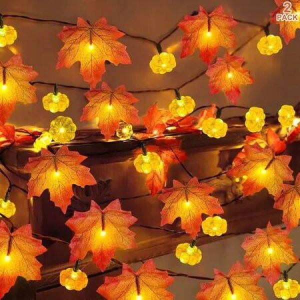 Fall Pumpkin Garland Lights, Fall Decorations Realistic Larger Maple Leafed String Light, 1Pcs