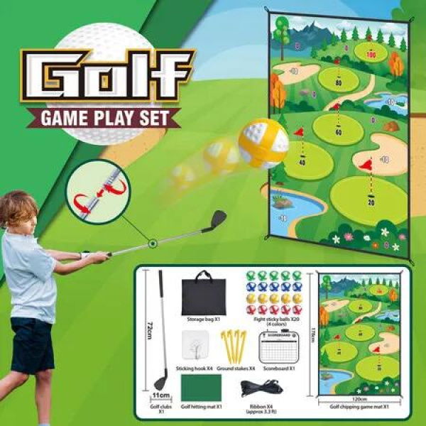 Family Fun Golf Chipping Game with Sticky Balls, Darts, durable game mat with realistic putting greens & obstacles for Indoor Outdoor Play, great gift for golf enthusiasts of all ages