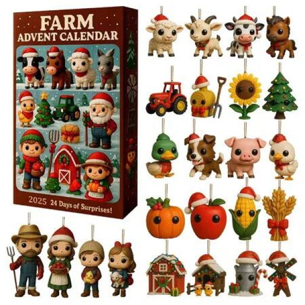 Farm Animal Themed Christmas Countdown Advent Calendar Set with 24 Days of Farm Acrylic Ornaments for Seasonal Party Celebration