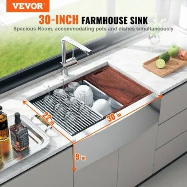 Farmhouse Kitchen Sink 304 Stainless Steel Drop-In Sinks Top Mount Single Bowl Basin with Ledge & Accessories Household Dishwasher Sinks for Workstation